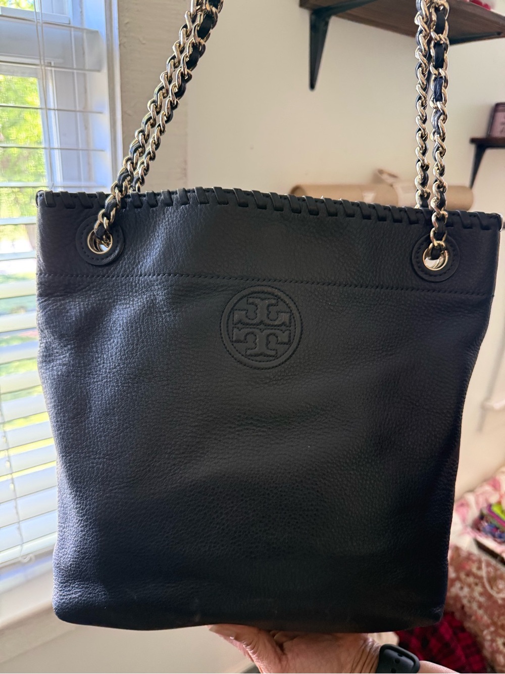 Navy blue Tory Burch Leather Chain-Handle Tote Bag - Picture 2 of 3